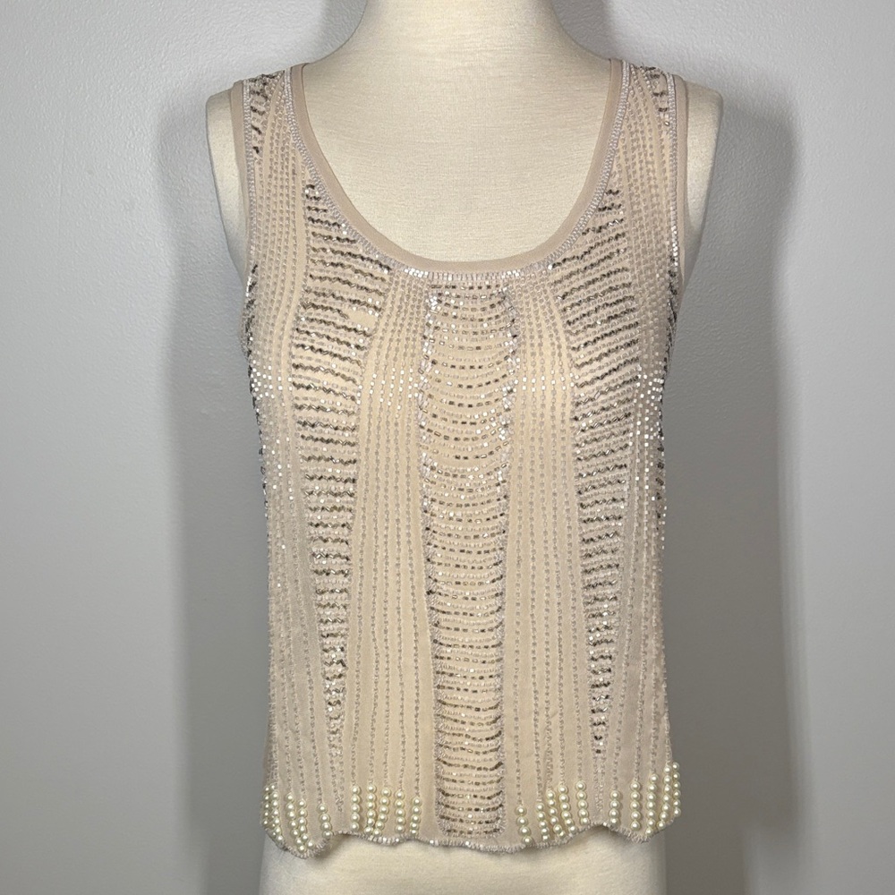 Beige and Silver Embellished Tank Top